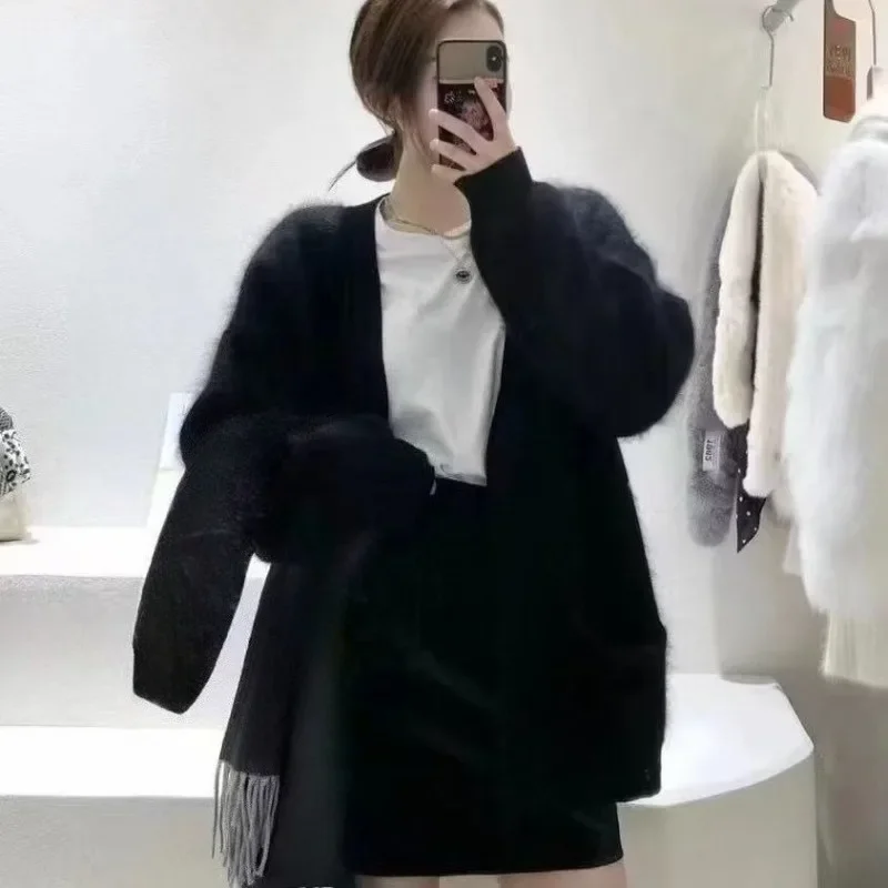 Women's New Fall Winter Faux Mink Fur Knit Cardigan - Gentle Korean-Inspired Laid-Back Mid-Length Knitwear Coat Outerwear