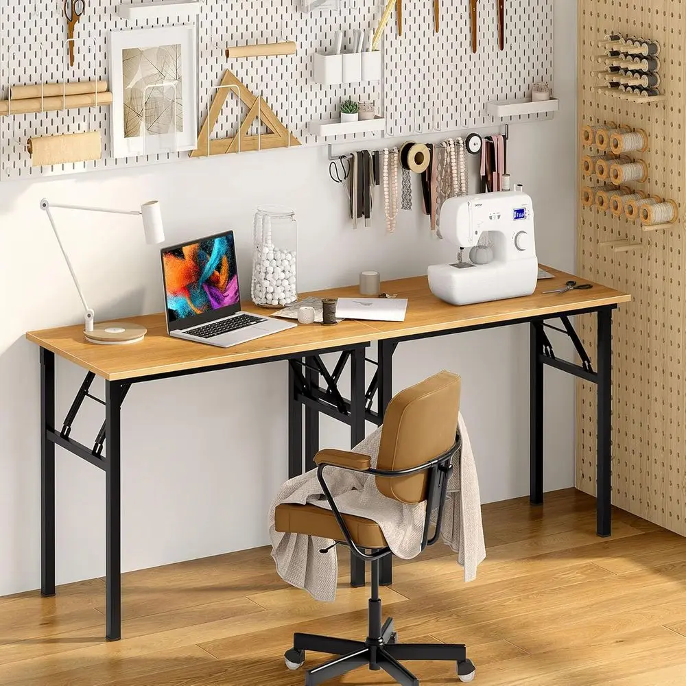 Modern Teak-Colored Folding Computer Desk, 39.375 Length, Easy Setup, Black Frame for Home Office