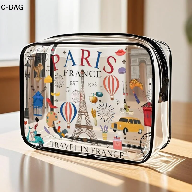 حقيبة مستحضرات التجميل الشفافة المحمولة من جانب واحد طباعة السفر حقيبة أدوات الزينة سميكة البلاستيكية ماكياج المنظم كيس التخزين للسفر