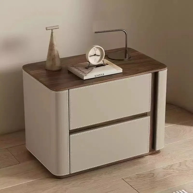Modern light luxury creative all solid wood bedside table saddle leather walnut pattern home bedroom