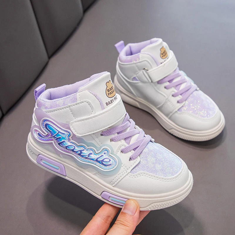 Pink/purple Girls Casual Shoes with Anti Slip Wear-resistant and Shock-absorbing Spring Autumn Outdoor PU High Top Sports Shoes