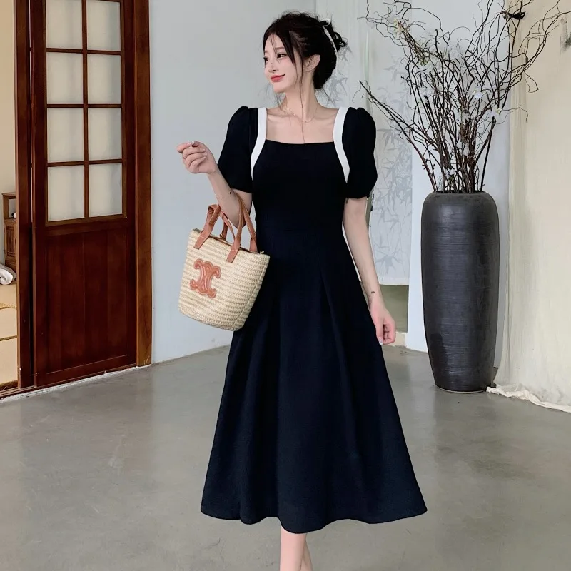 

Летнее платье больших размеров с квадратным вырезом, длинное, черное, женское, модное, с завышенной талией, А-силуэт, из полиэстера, трикотажное