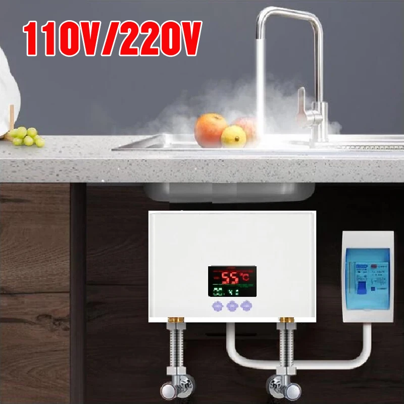 110V 220V Instant Water Heater Bathroom Kitchen Wall Mounted Electric Water Heater LCD Temperature Display with Remote Control