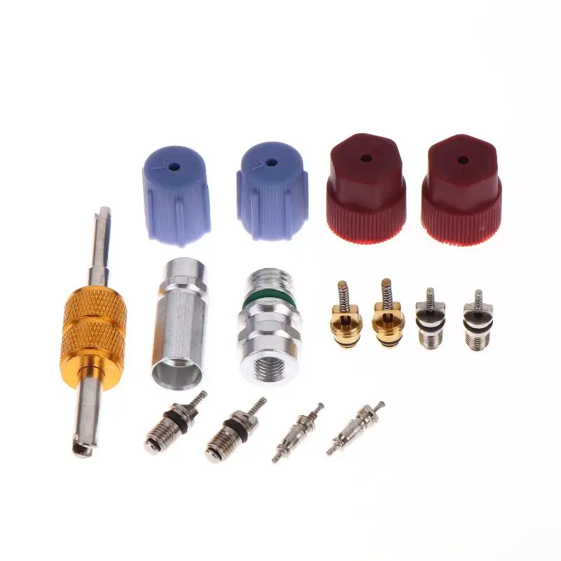 17pcs Car R12 R134a Refrigeration Schrader Valve Stem Cores Service Charging Port Seal Caps Kit Air Conditioning Valve Core