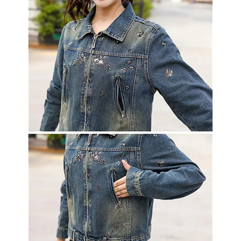 Vintage Women Clothes Spring Denim Jacket Embroidery Coat Casual Streetwear Ladies Retro Sequin Splice Short Cowboy Outwear