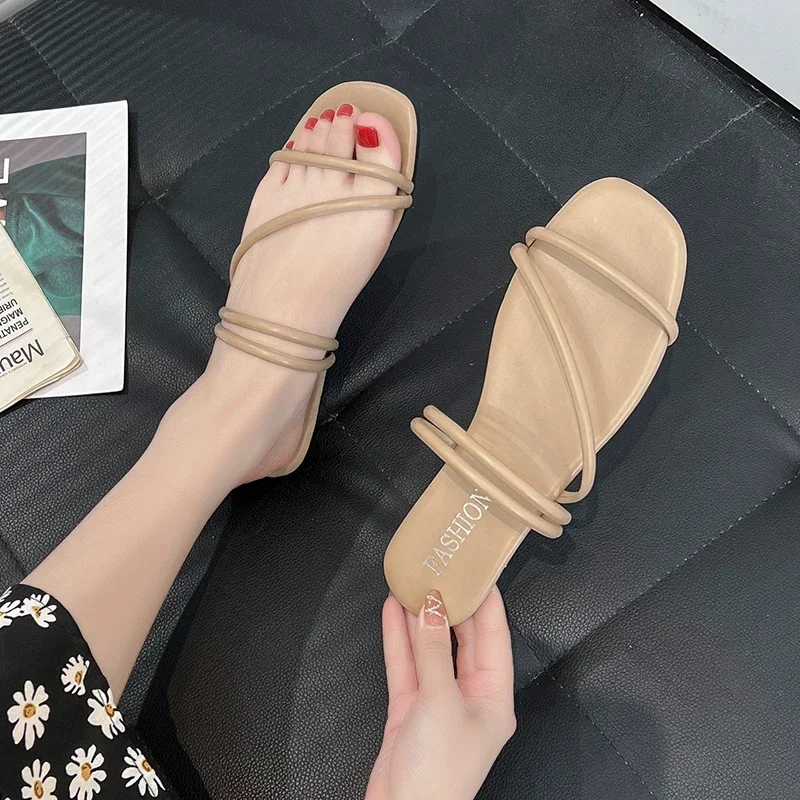 2024 Summer  Two Wear Sandals Women\'s Fashion Korean Edition One Line with Sandals Casual Flat Outsider Slippers  Plus Size 40