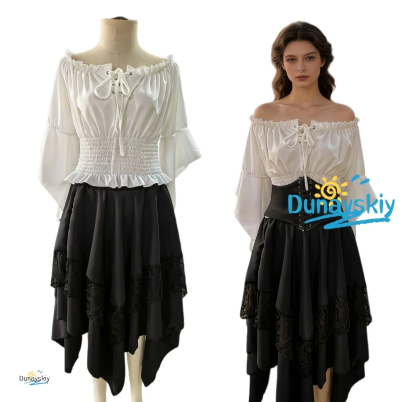 Disfraz de Pirata Medieval Estilo 2026 para Halloween: Vestido Largo con Volantes y Corsé Irregular, Perfecto para Navegante