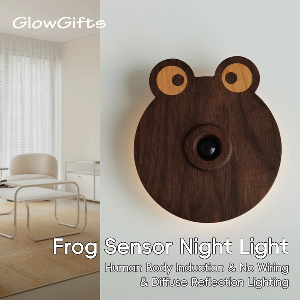 Cute Frog Sensor Night Light LED Wood Human-body Induction Wall Lamp Wood Frog-shaped Motion Sensor Night Light LED Rechargeable