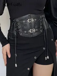 AltGoth Y2k Vintage Black Corset Belt Women Streetwear Cyberpunk Fairycore Grunge Emo Wlastic Leather Bandage Cummberbund Female