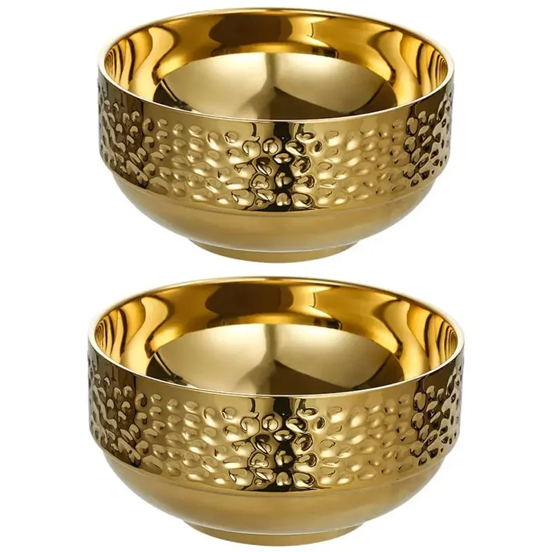 Household 304 Stainless Steel Rice Bowl,Golden Korean Style Soup Salad Bowl,Double-layer Hammer Patterned Bowl,Kimchi Bowl,15cm