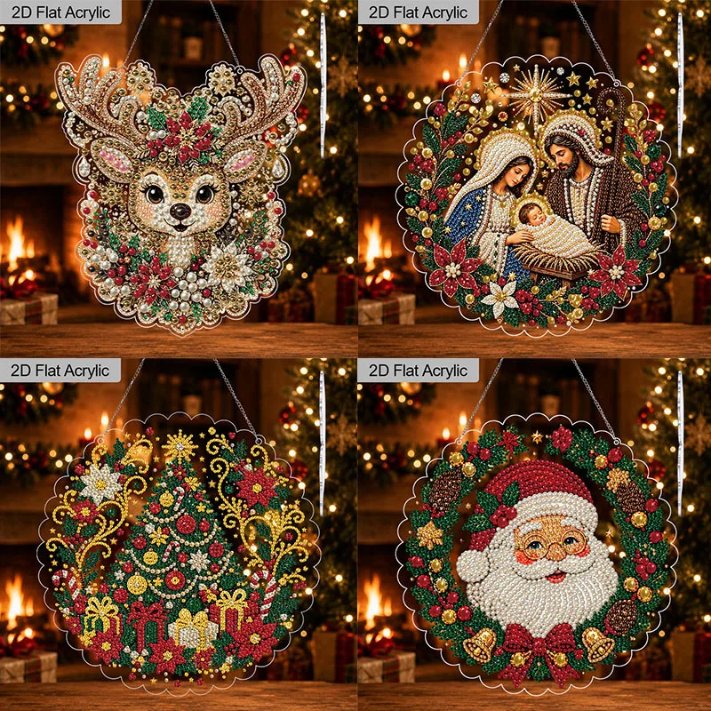 2D Flat Christmas Pearl Diamond Painting Hanging Kits, Deer Xmas Tree Nativity Scene Santa Wreath Special Shaped Beads Craft