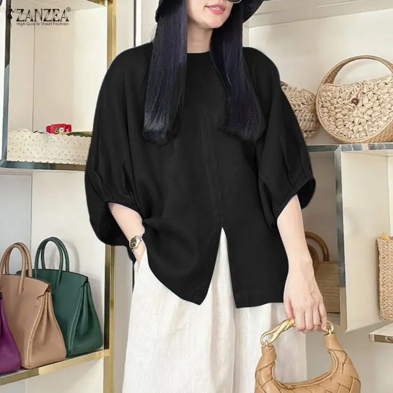 

2026 ZANZEA Stylish Summer Solid Color Blouse Women O Neck 3/4 Sleeve Tops Casual Baggy Work Shirt Female Loose Chemise Oversize