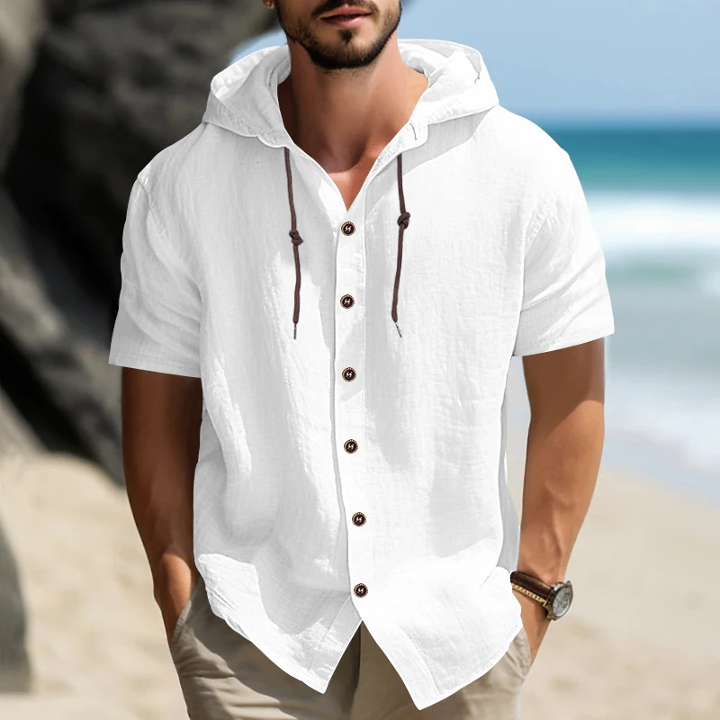 Summer 100% cotton linen men\'s short sleeved shirt in US size solid color hooded casual T-shirt plus size men\'s clothing