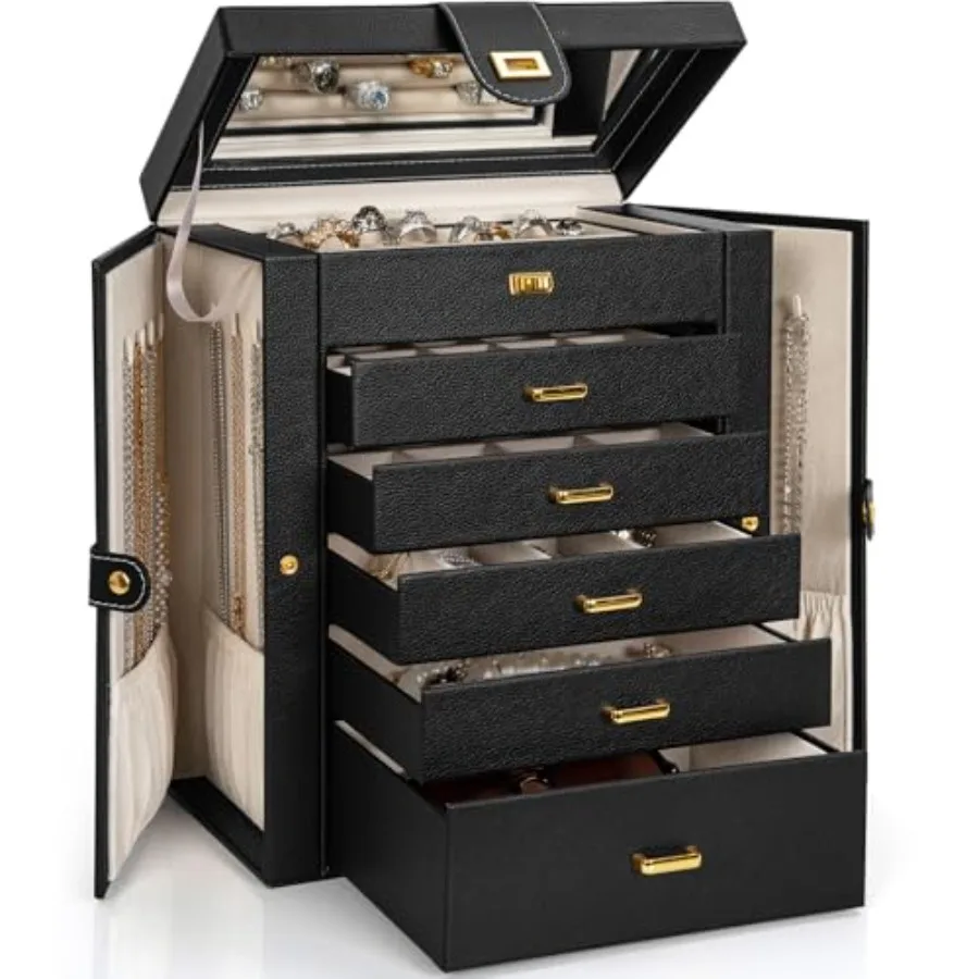 6-Tier Jewelry Box Organizer Functional 5 Drawers Leather Jewelry Storage Case for Women Girls Ring Necklace Earring Bracelet H