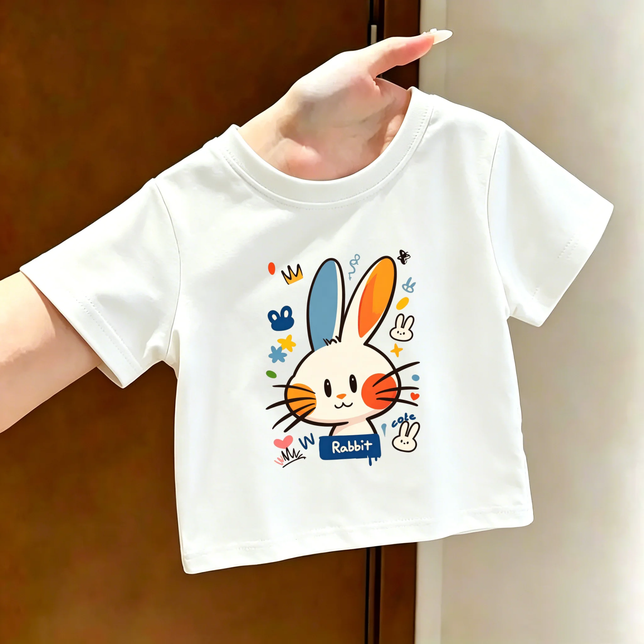 New Summer Style Children's Cute Cardigan with Ventilation and Rabbit Print. Children's Short-sleeved T-shirt for Summer.
