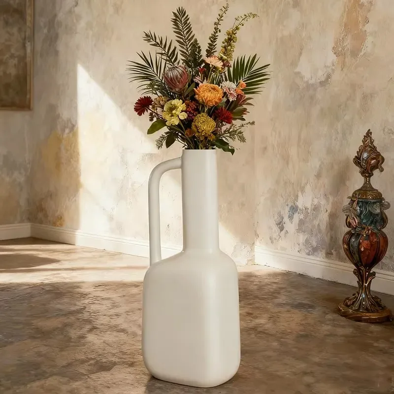 Modern Minimalist Eco Friendly Matte Ivory Fiberglass Floor Vase with Dried Flowers for Home and Shopping Center Decoration