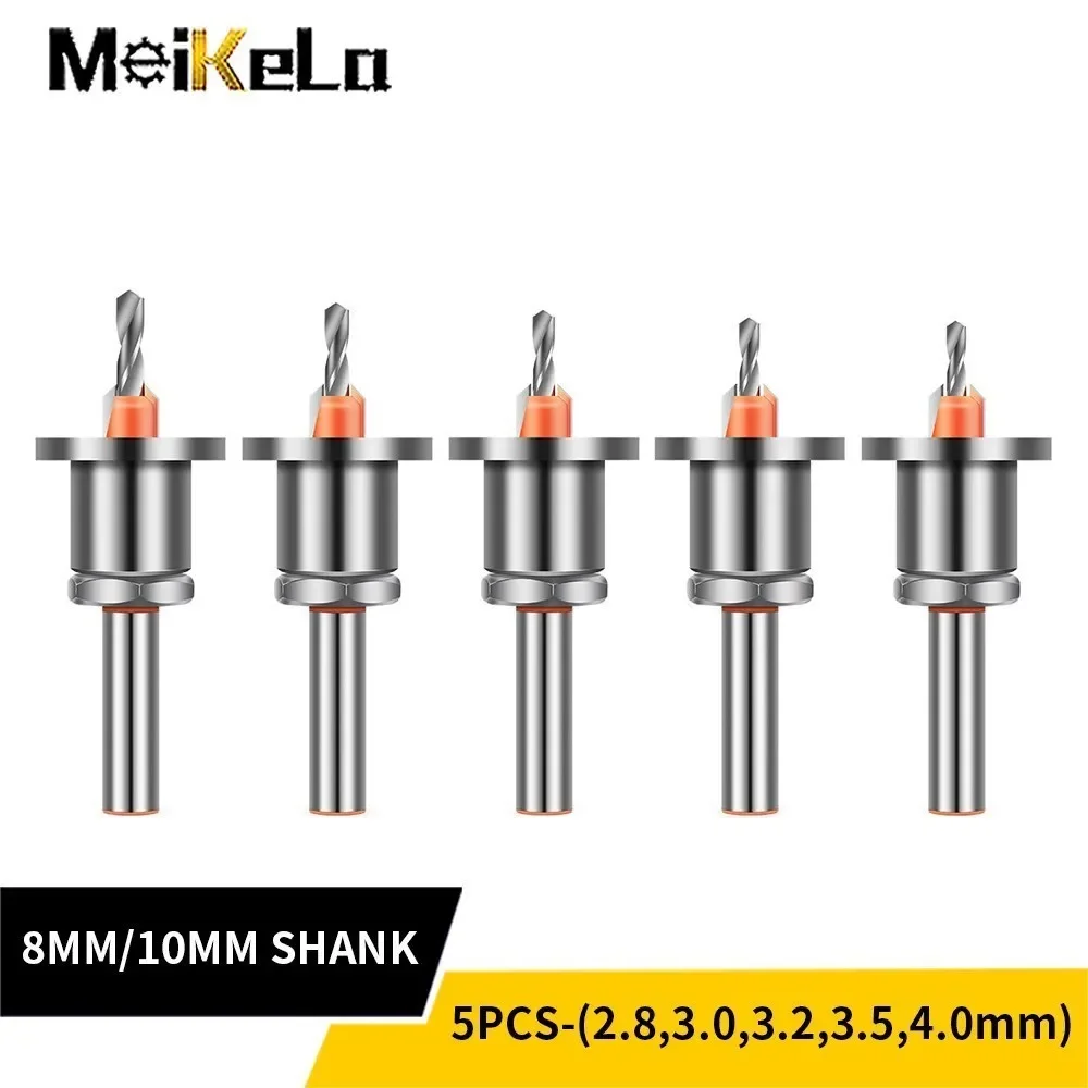 Meikela 5PCS 8/10mm Shank HSS Countersink Woodworking Router Bit set Milling Cutter Screw Extractor 2.8/3/3.2/3.5/4mm