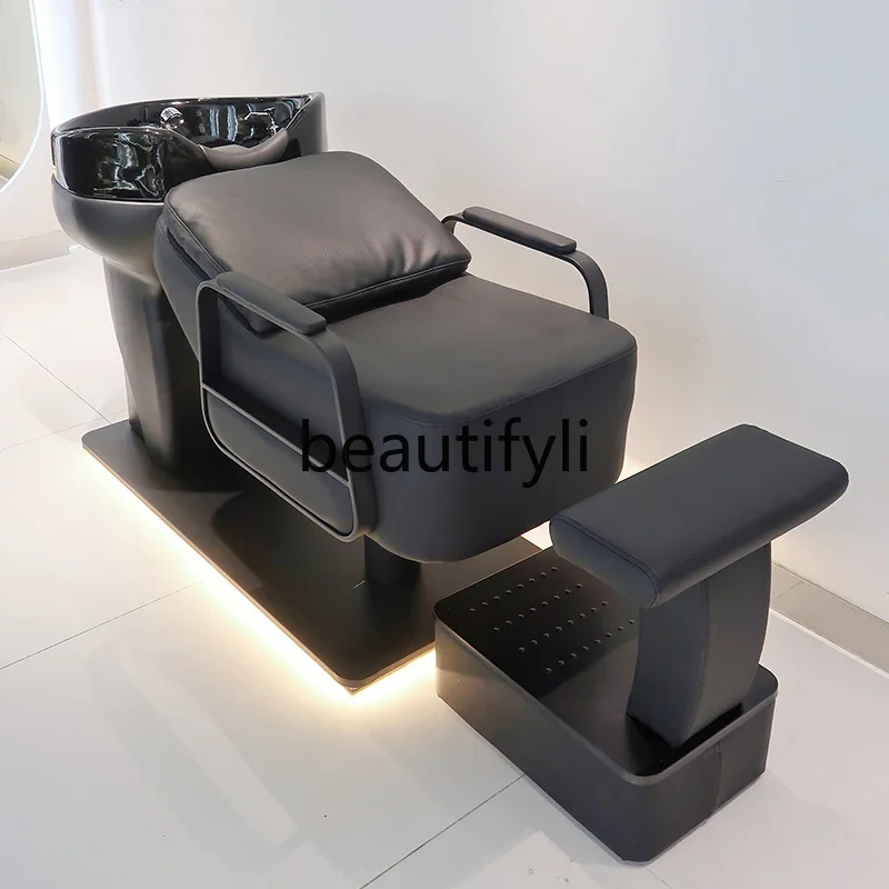 Barber shop shampoo bed hair salon special semi-lying flush bed high-end stainless steel ceramic deep basin hair punch bed