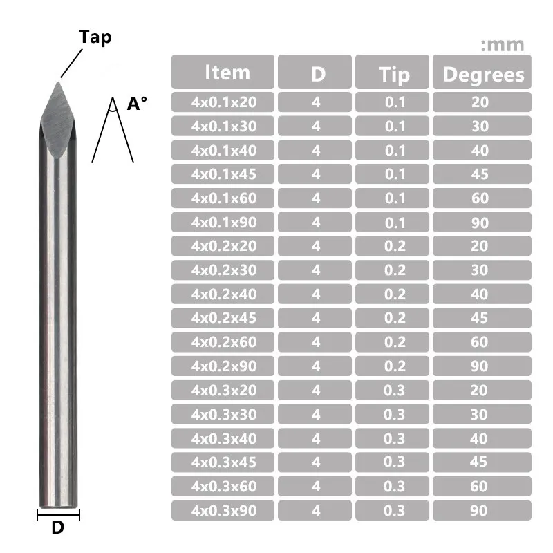 4mm Shank Carbide Milling Cutter 3 Edge Pyramid Engraving Bits 20-90 Degrees Tip 0.1/0.2/0.3mm Router Bit Woodworking Tools