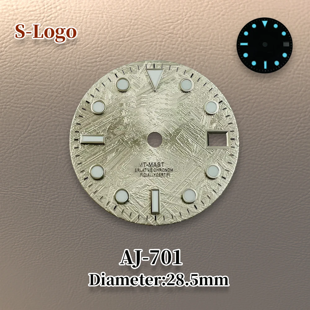 28.5mm S Logo Silver Meteorite GMT Dial Suitable for NH34 Movement Ice Blue Luminous Watch Modification Accessories Repair Tools