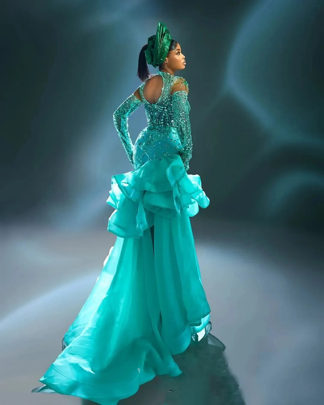 Grânulos applique vestido de festa vestidos de noite aso ebi aqua azul vestido de noite longos cristais africano lantejoulas vestidos de baile em camadas