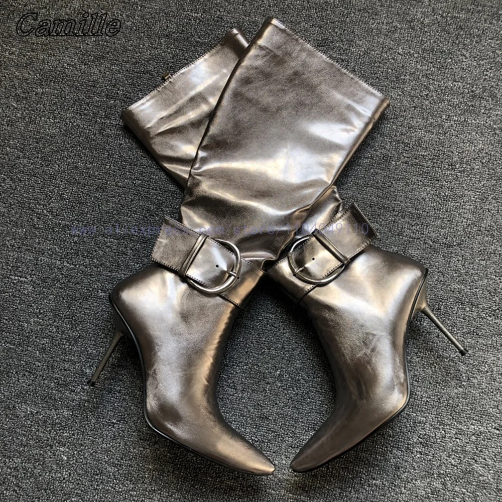 Genuine Leather Metal Decoration Catwalk Style Knee High Boots Autumn New All-Match Casual Boots Pointed Toe Sexy Women Boots