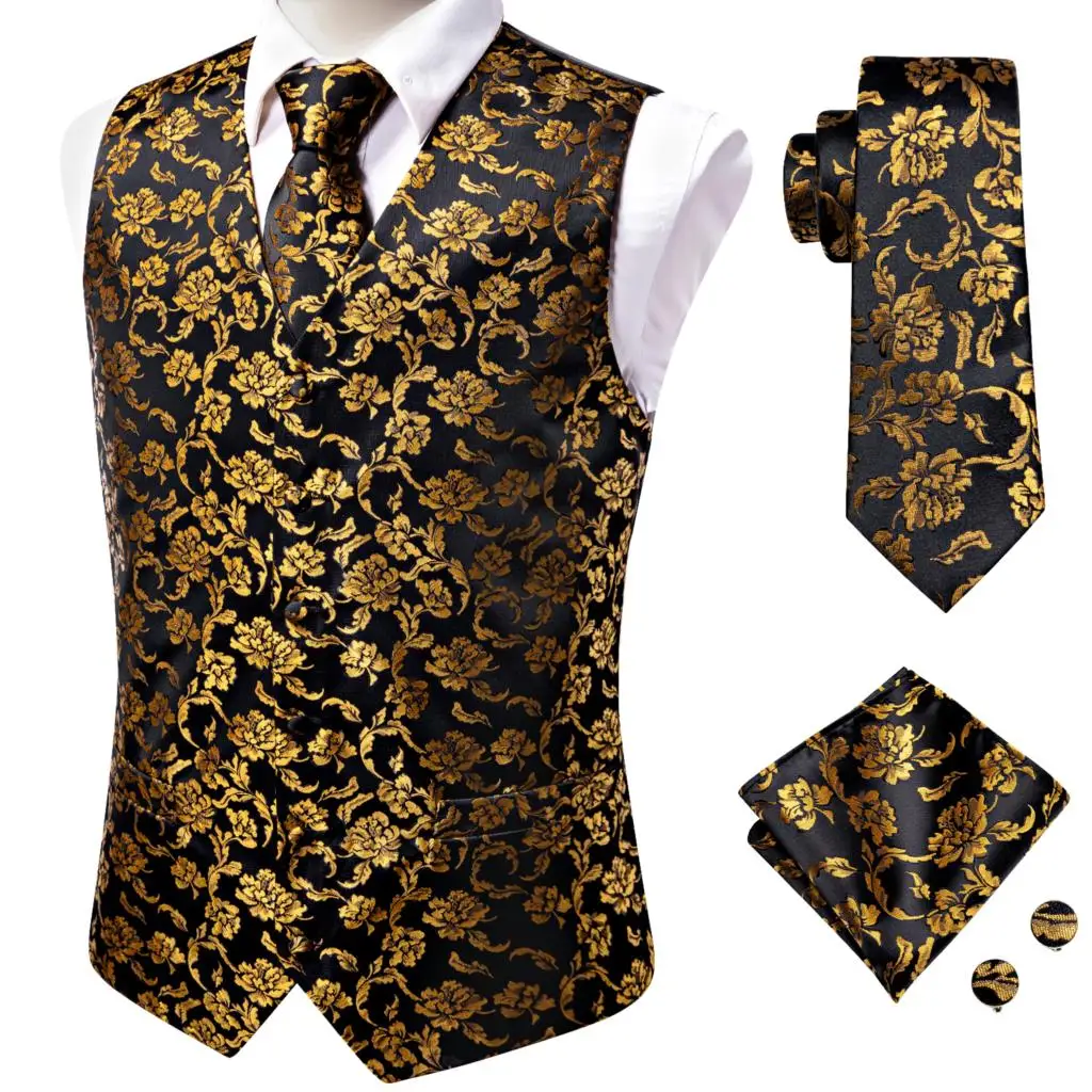 Hi-Tie Silk Sleeveless Mens Waistcoat Jacket Black Gold Navy Blue Grey Red Burgundy Jacquard Vest Tie Hanky Cufflinks for Men XL