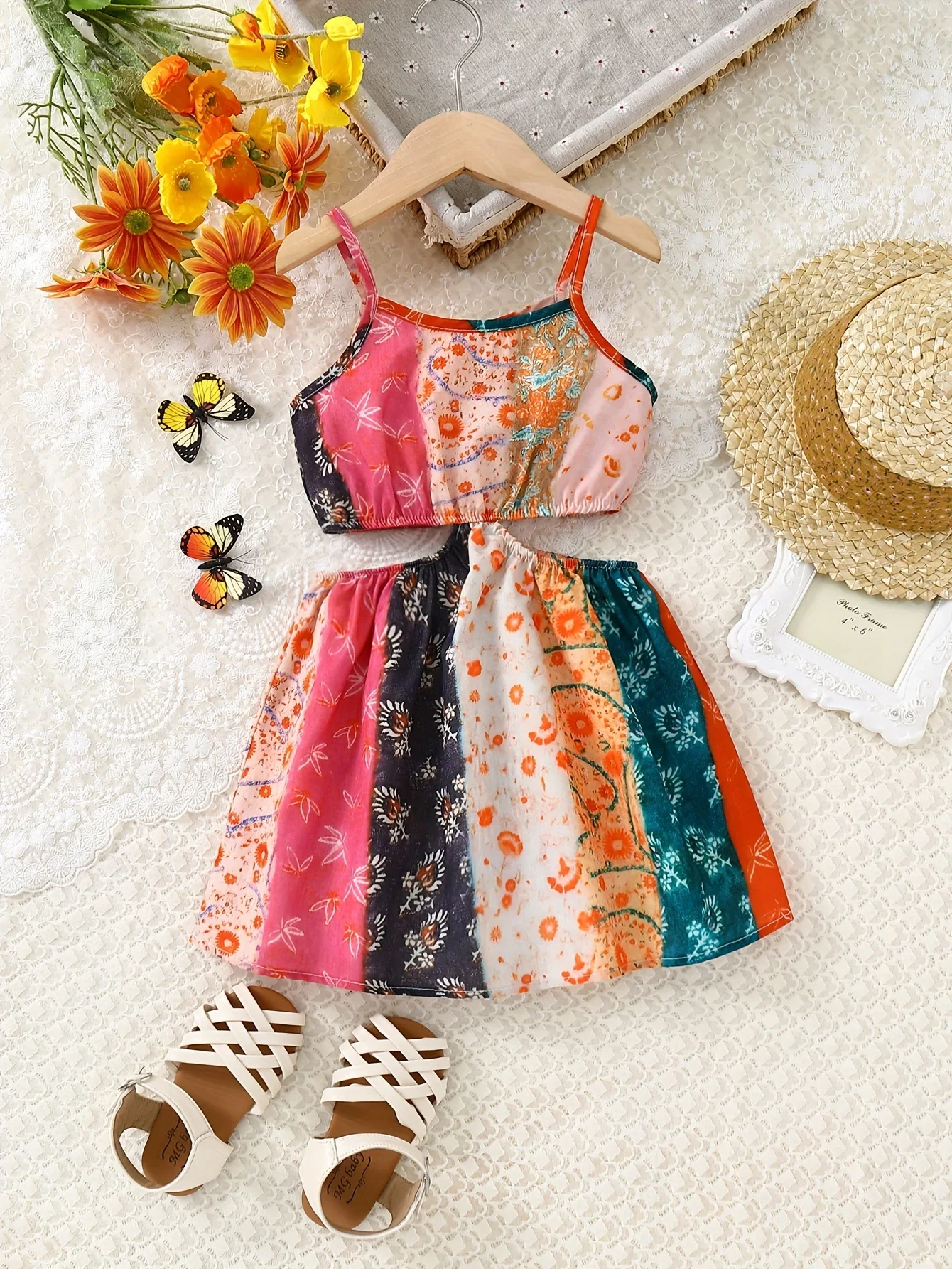 Blumen-Sommerkleid für Mädchen (Alter 3–7) – ärmelloses Kleid mit Schnürung am Rücken und seitlichen Ausschnitten |   Strand- und Urlaubskleid
