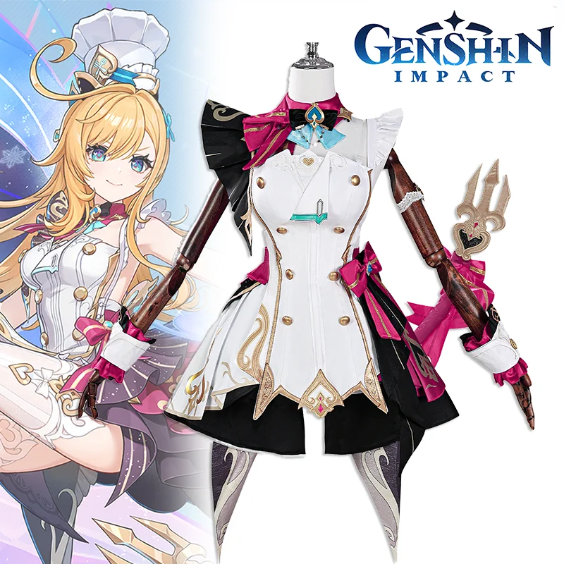 

Game Genshin Impact Escoffier Cosplay Costume Adult Women Dress Lolita Hat Full Set Accessories Chef's Uniform Halloween Outfits