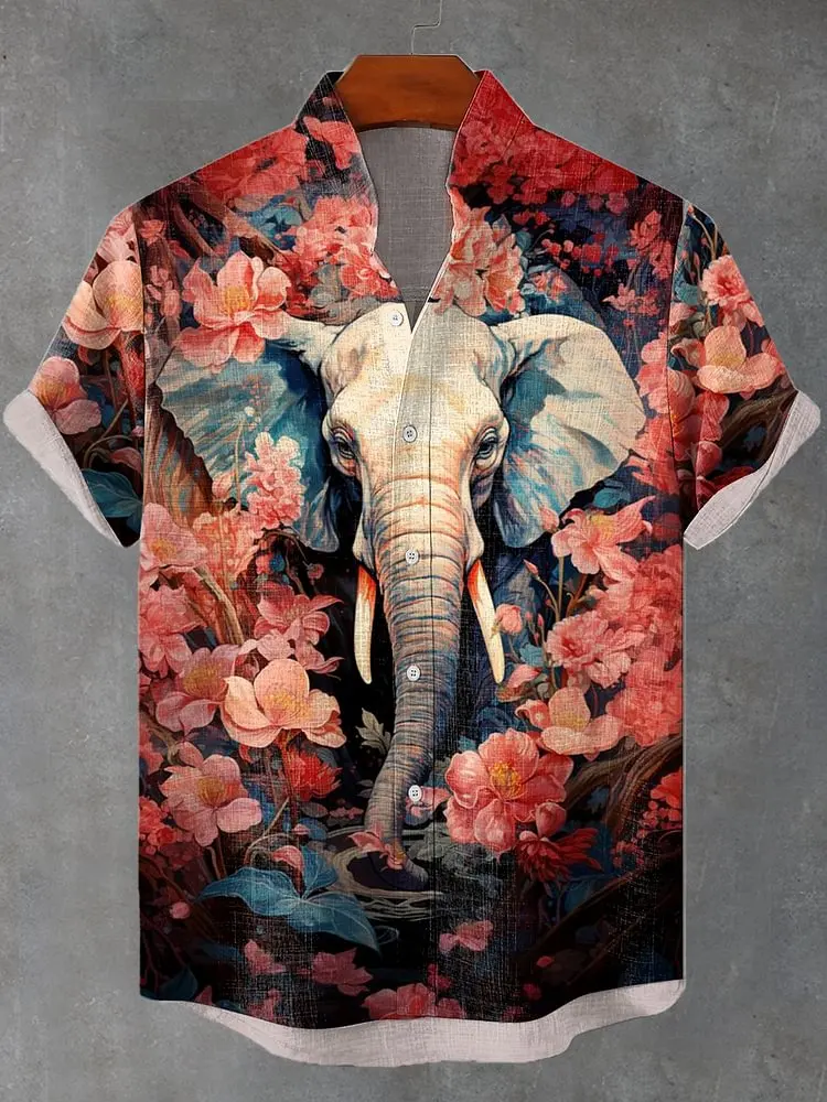 Retro men's new divine elephant print pattern casual short sleeved shirt, high-quality linen comfortable material top