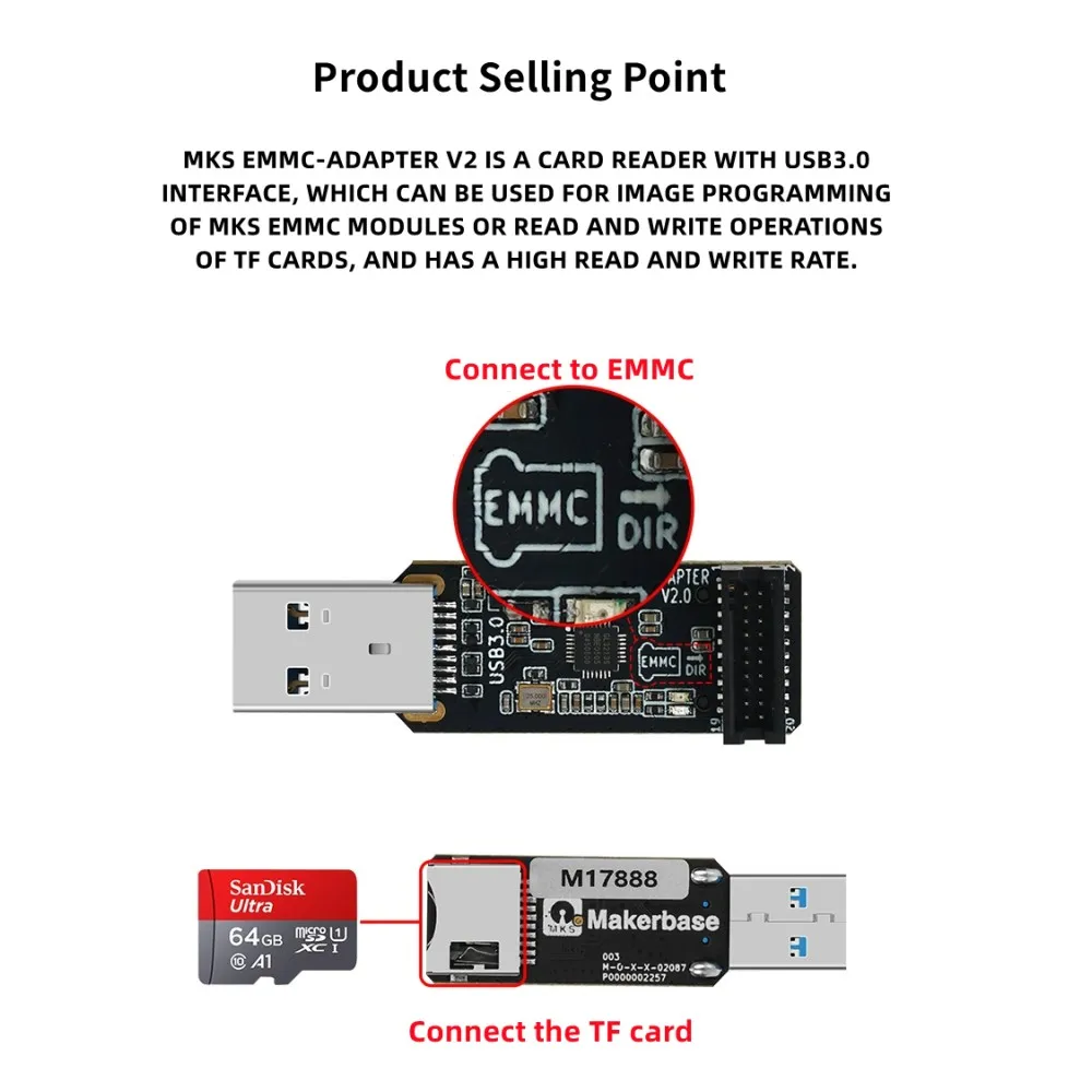 Lector MKS SKIPR EMMC-ADAPTER V2 USB 3,0 para módulo MKS EMMC, tarjeta Micro SD TF, accesorios de impresora 3D