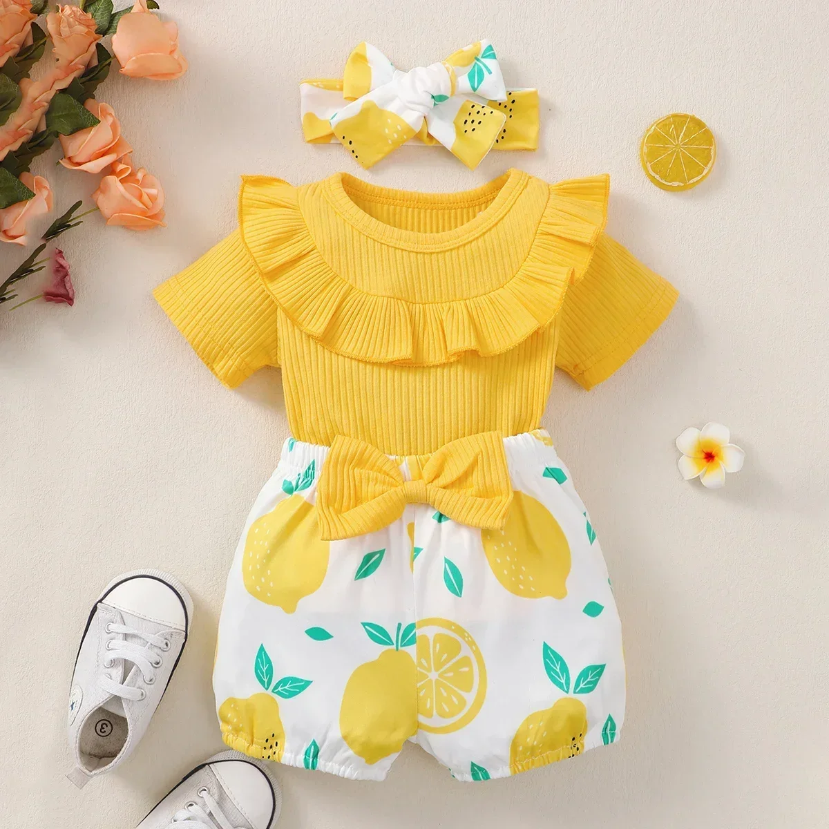 Toddler Baby Girls Clothes Summer Solid Short Sleeve Top +Lemon Printed Shorts 2Pcs Set Infant Fashion Clothes Outfit