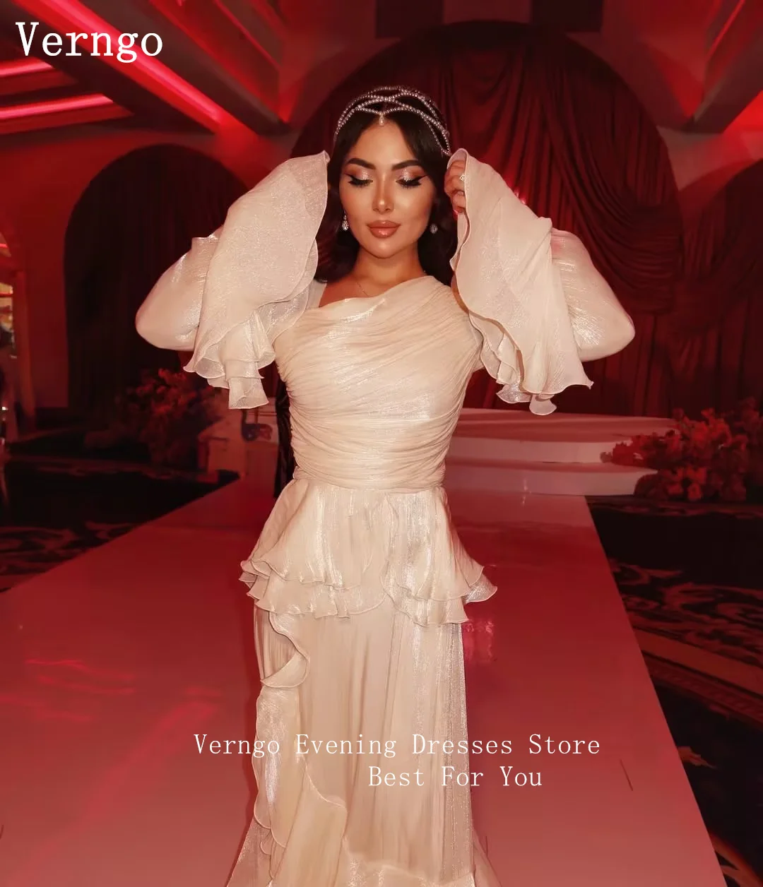 Sukienka wieczorowa Verngo Chamagne, błyszczący szyfon, dekolt w serek, długie rękawy, krój A, warstwowa, na formalne okazje, sznurowana, suknia balowa, możliwość personalizacji.