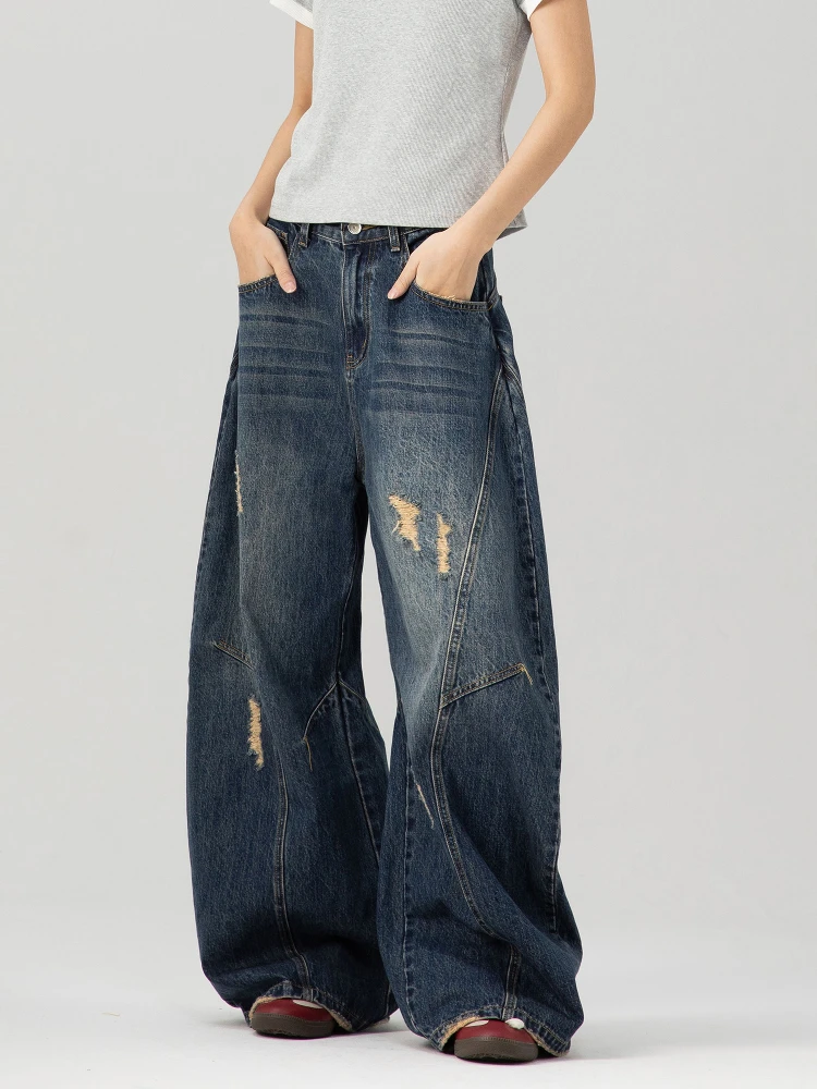 

Retro American Style Men's Casual Jeans Knife Hole Washed Loose Deconstructed Wide Leg Leisure Workwear Long Trousers