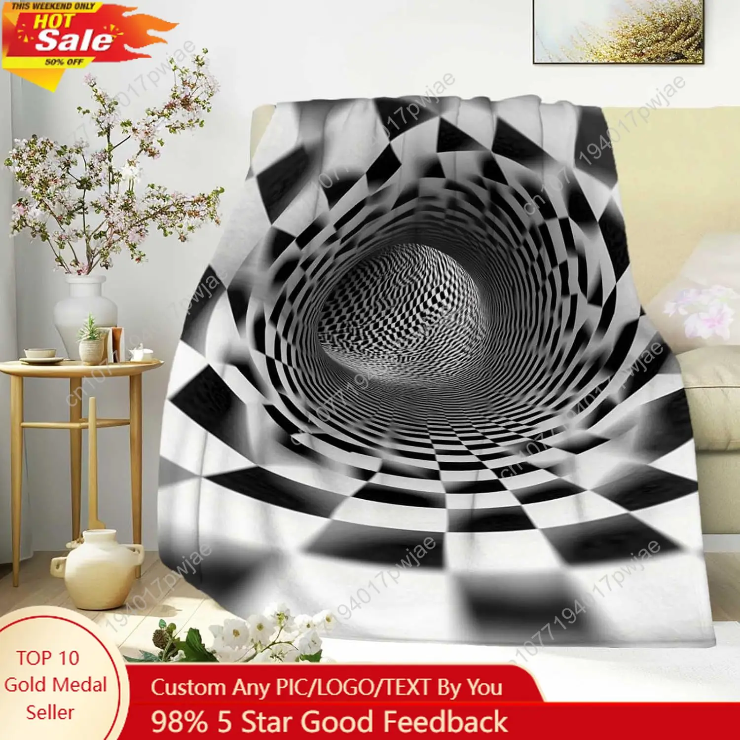 

Optical Illusion Blanket 3D Vortex Tunnel Throw Black White Geometric Pattern Soft Plush Fleece for Men Women Custom blankets