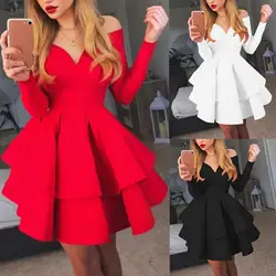 Elegant Women Long Sleeve V Neck Off Shoulder Large Swing Ruffled Hem Mini Dress