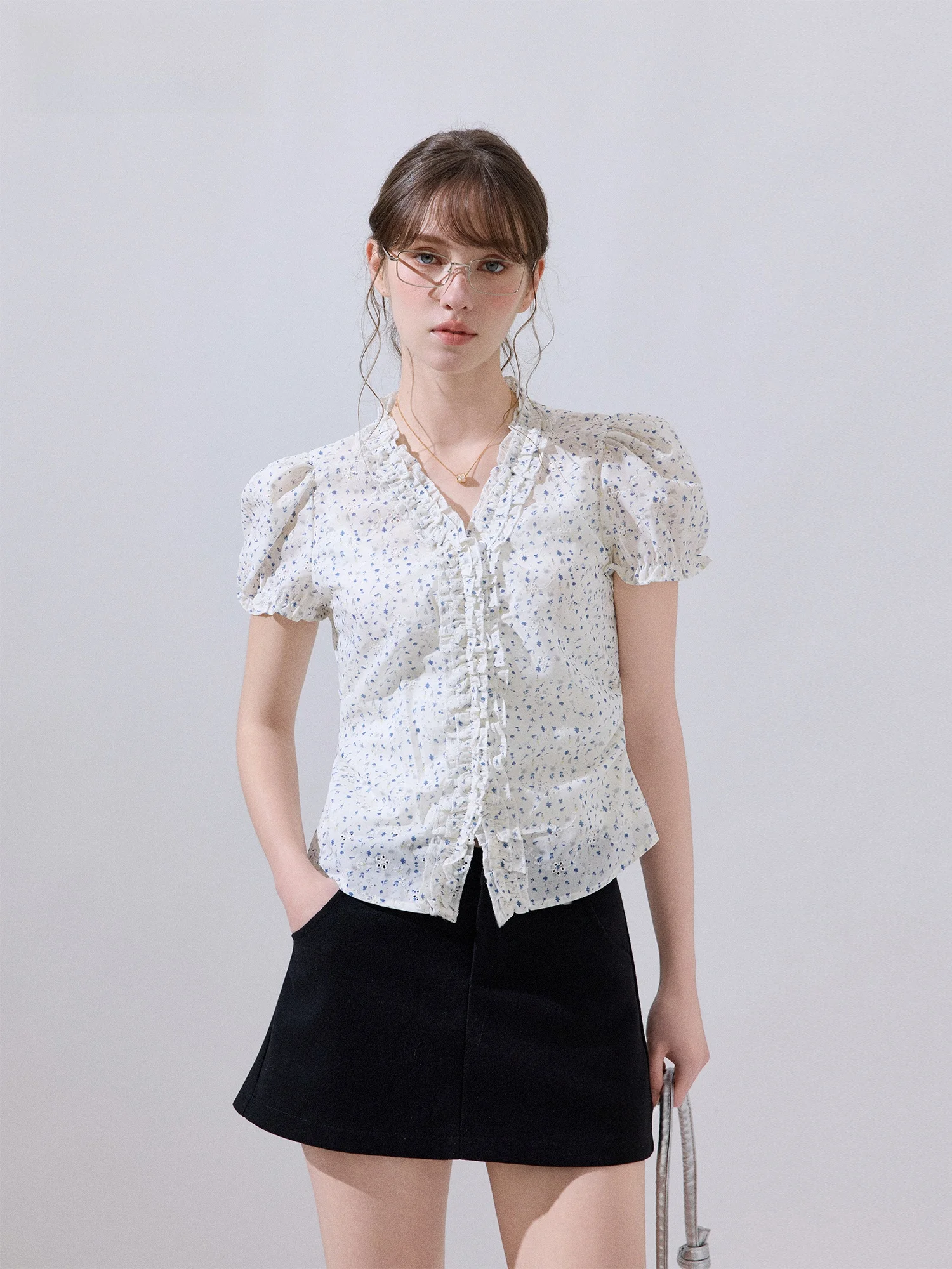 

Ikyou Floral Print ort Sve irt Women's Summer New Sle Versatile Slimming Top Sweet Country Sle V-ne Polyester Fa...