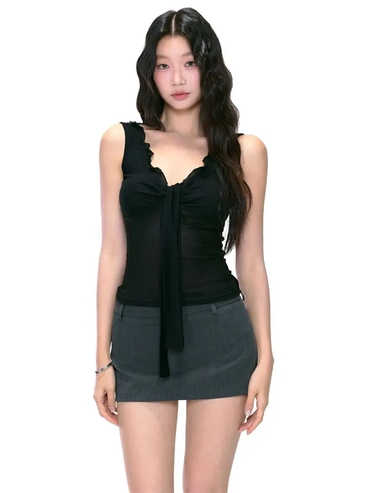 Korean-style Patchwork Ribbon Vest Straps Women Summer New Style Hot Girl Slim-fitting Showing Versatile Sleeveless Top