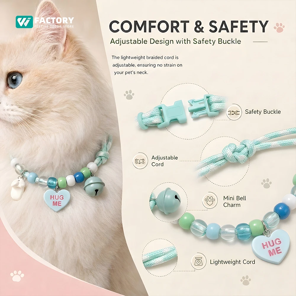 Haustier-Perlenkette Zubehör Hautfreundliches Geflochtenes Seil-Halsband für Hunde und Katzen Verstellbares Glockenhalsband Anti-Verlust Sicherheits-Haustierzubehör – Detail 5