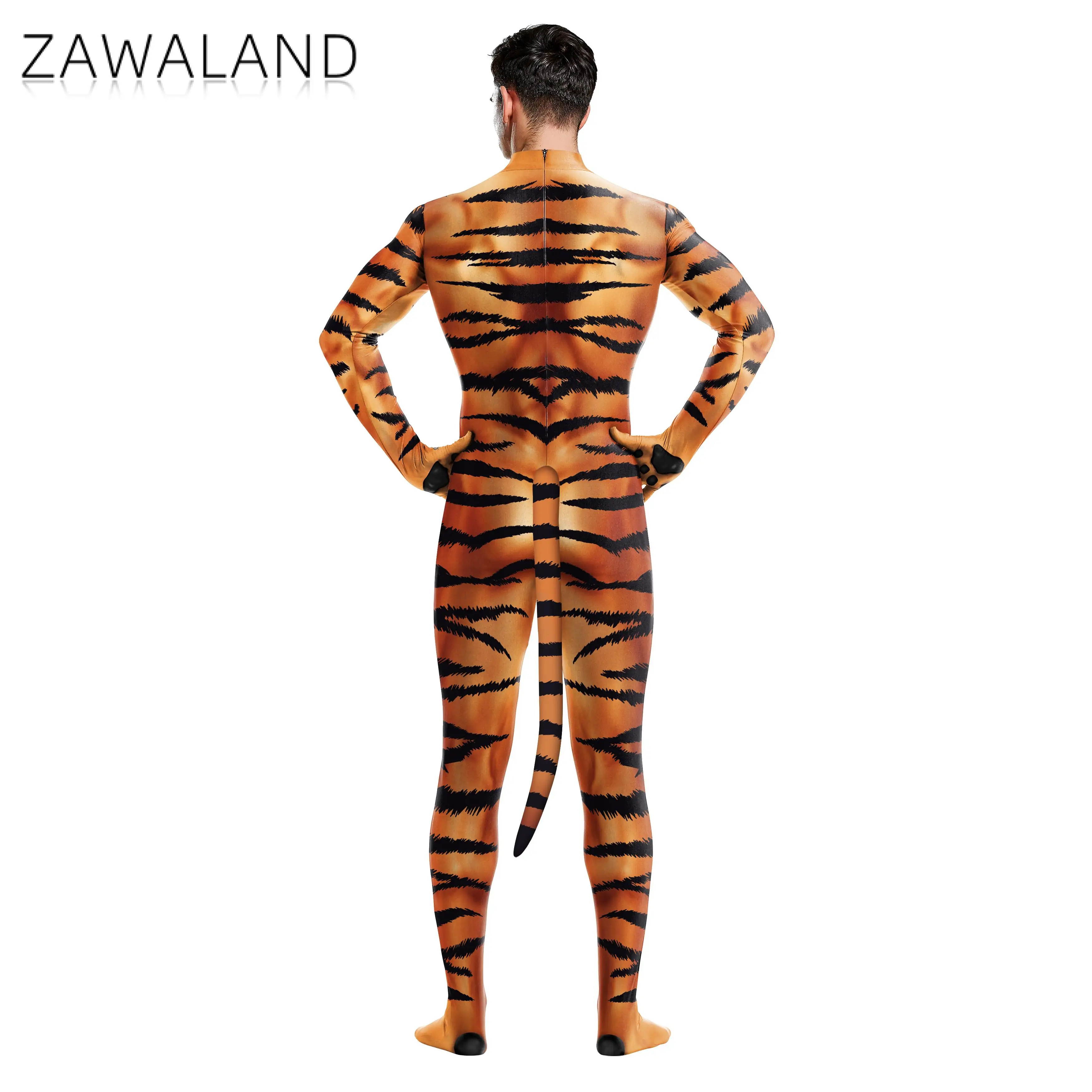 Zawaland Creatieve Cosplay Garment Print Volledige Cover Kostuum Voor Volwassenen Mannen Carnaval Party Cosplay Met Staart Fancy Spandex Catsuit