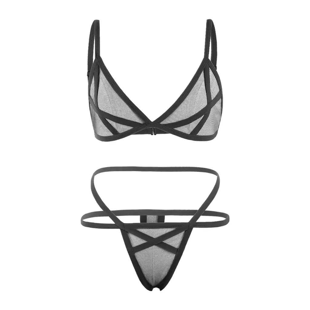 Ladies’ Solid Color Suspender Mesh Perspective Single-layer Underwear Sexy Breathable 1/2 Cup Seamless Non-adjustable Bra Set