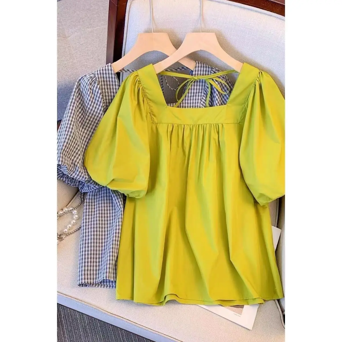 Retro Vierkante Kraag T-shirt Dames Zomer Nieuwe Grote Maat Losse Top Design Bubble Sve Eenvoudige Basis irt Casual Sle ort...