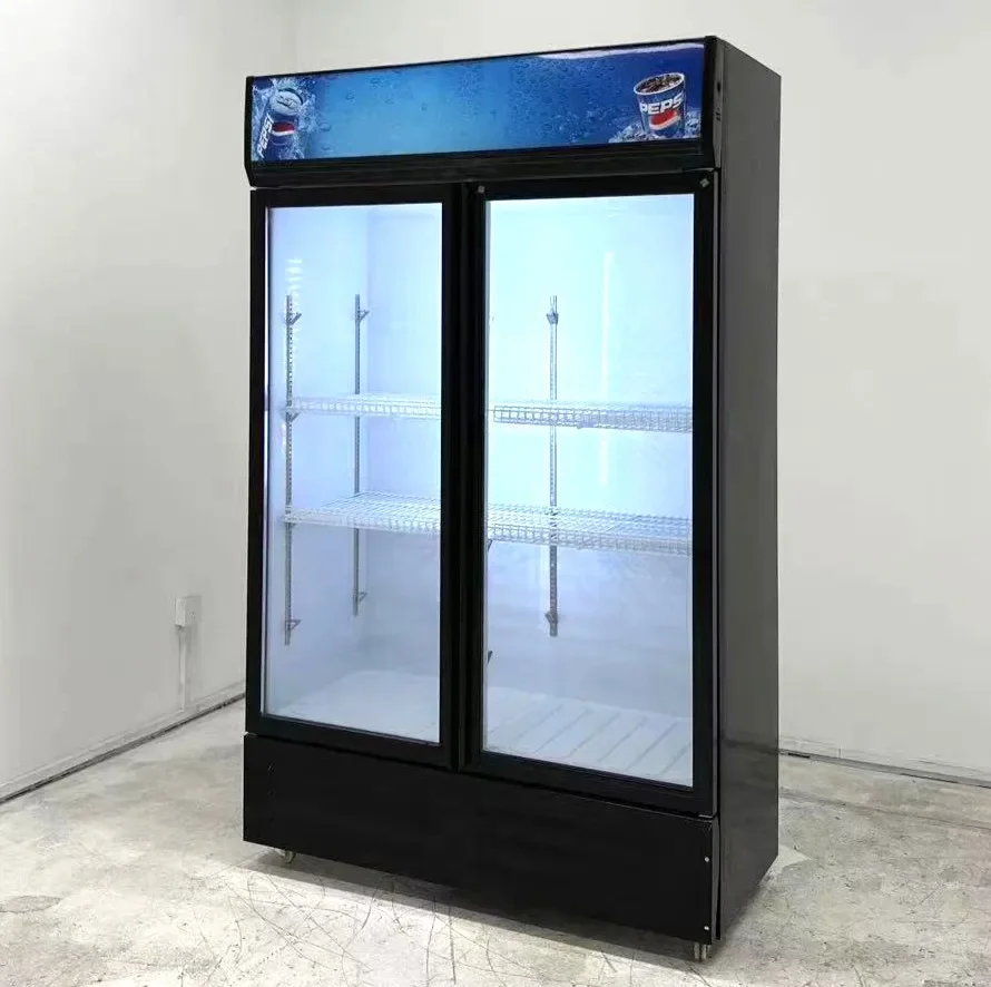 Freezer Chiller Industrial Stand Up Glass Commercial Showcase Display 2 Door Beverage Drinks Fridge Refrigerator For Shops