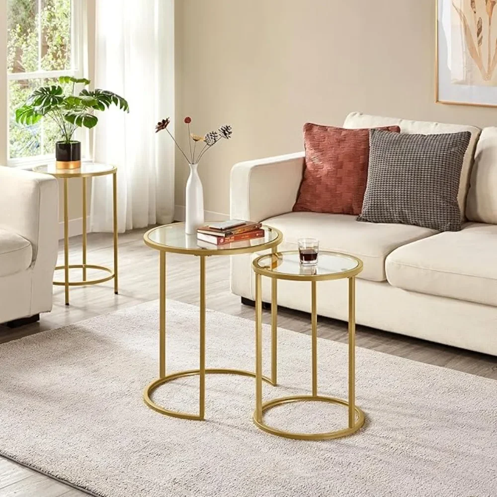 Coffe Table Stacking Side Tables Glass Tabletop With Golden Metal Frame for Small Spaces Coffee Mesas Living Room Table Home