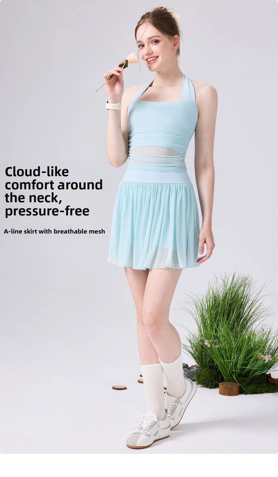 Yungan Women's Hanging Neck Vest Beautiful Back Mesh Top with Anti Glare Cake Edge Half Skirt Set