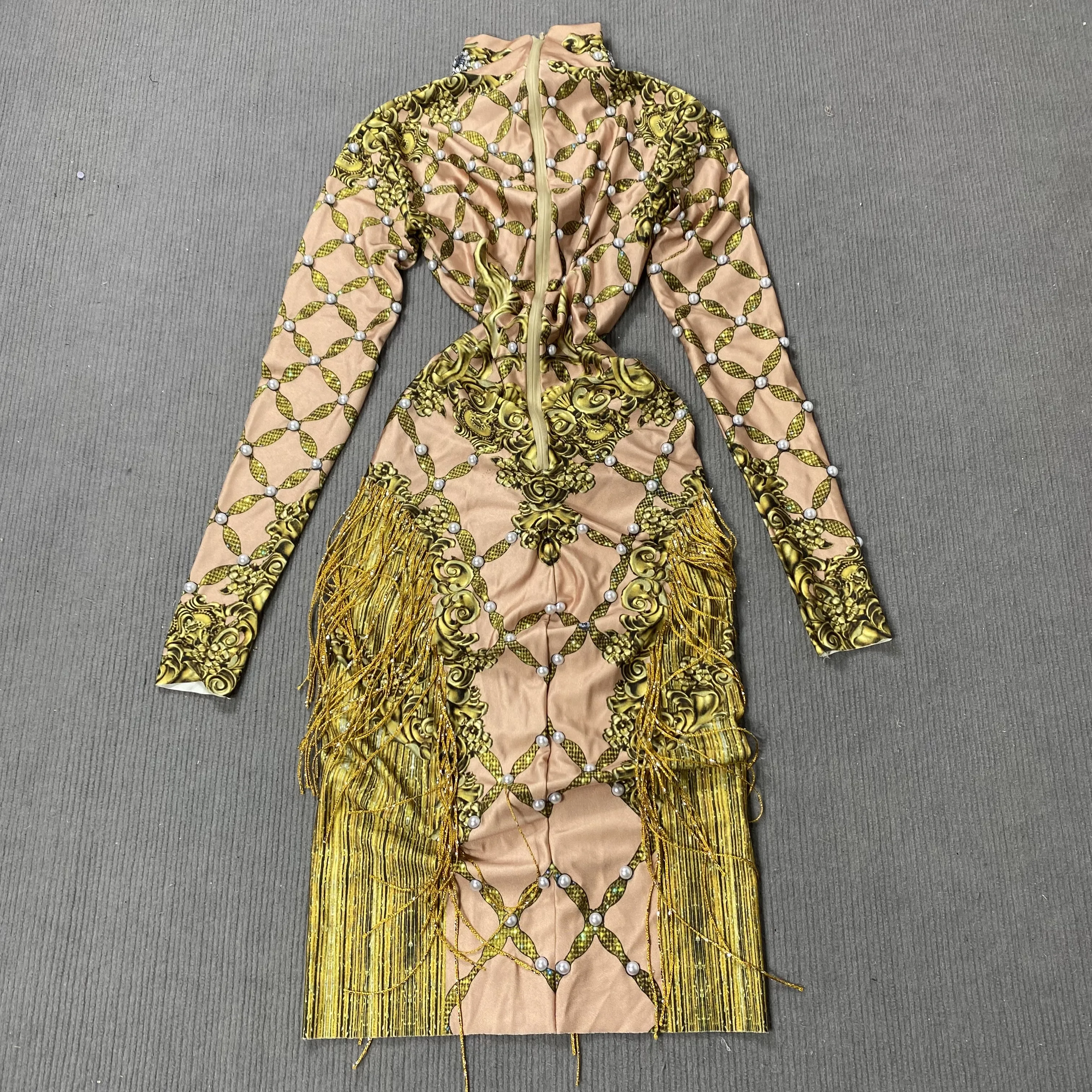 Seksowna Złota Sukienka z Frędzlami, Długim Rękawem i Cyrkoniami, Kostium Drag Queen, Strój dla Piosenkarki na Imprezę, Urodziny, do Klubu, na Scenę ​ Wieczorowe ubranie na przyjęcie