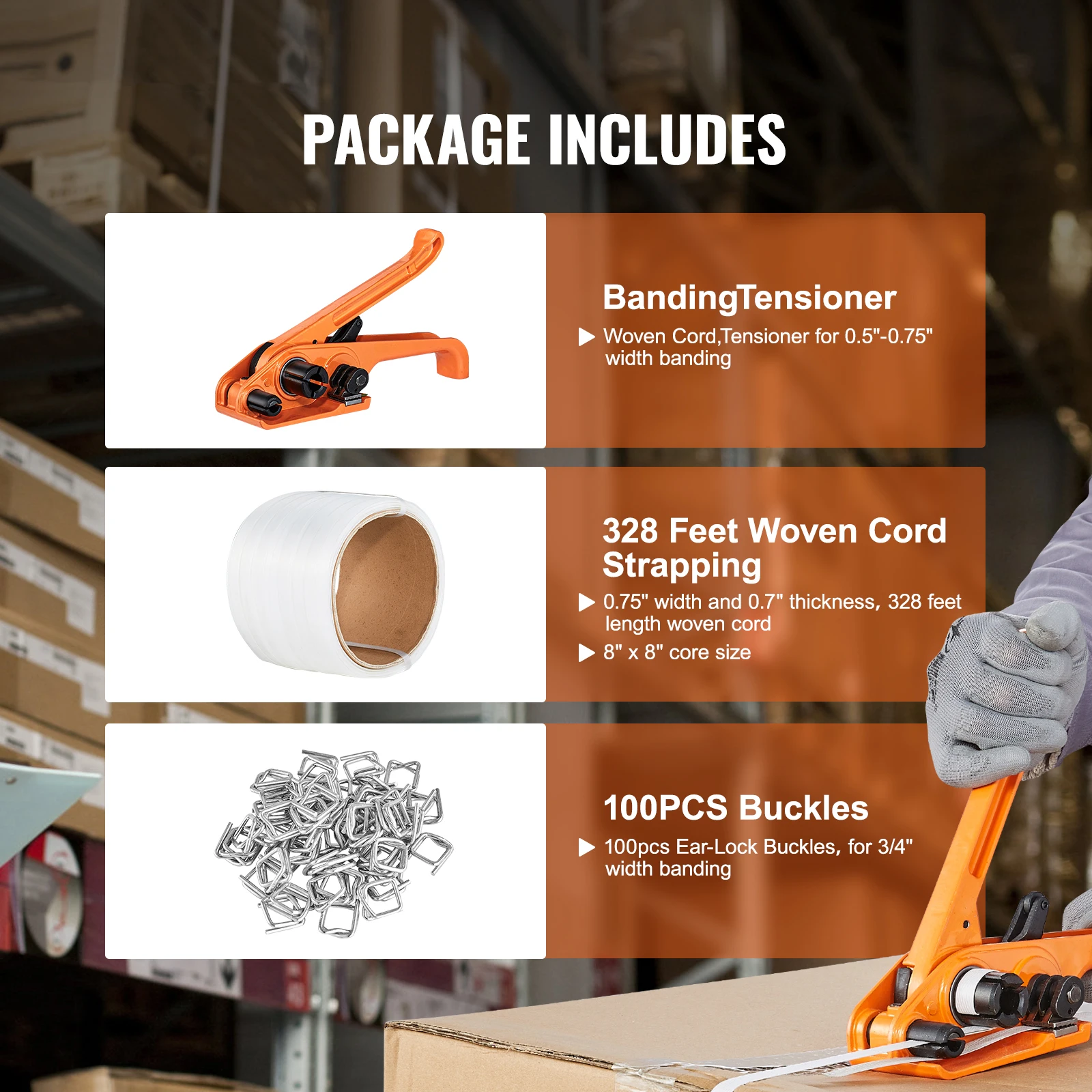 SucceBuy Manual Packing Pliers Strapping Sealless Tensioner Tool Sealing Packer with 100 Metal Seals for PP Straps Packaging