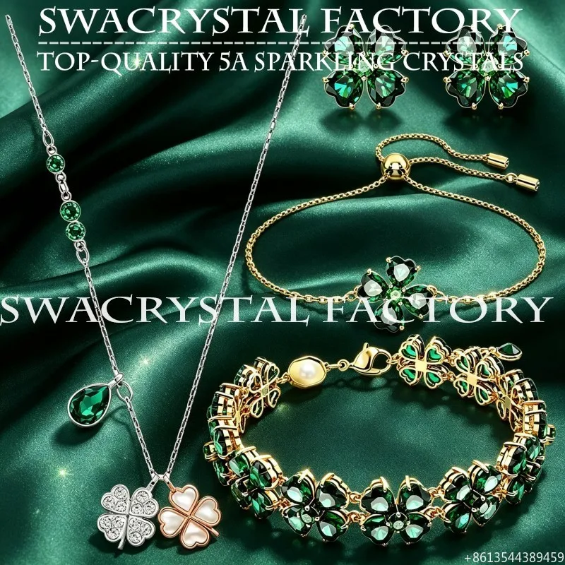 Women Dainty Lucky Four Leaf Clover Green CZ Jewelry Set Luxury Earrings Necklace Bracelet Trendy Jewelry Daily Birthday Gift