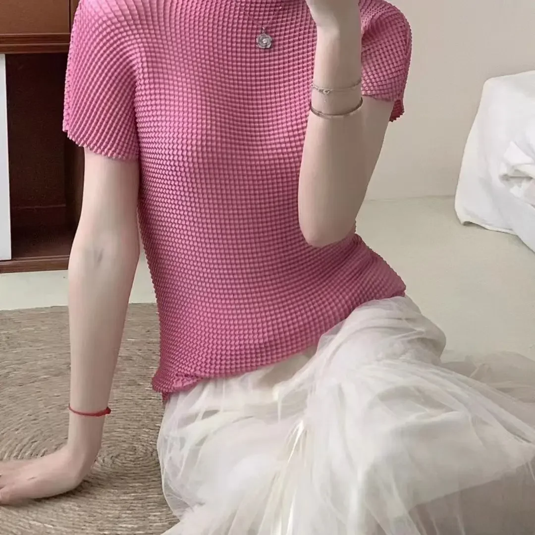 2023 Summer New Tofu Pleated Pleated Top Women's T-shirt with Four Sides Elastic Casual Pleated Clothes
