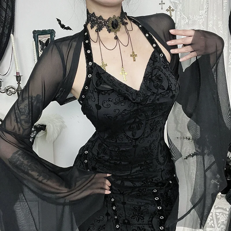 Halloween Gothic Mesh See Through Crop Tops Shrug Techwear Y2K Grunge Batwing Sleeve Sunscreen Smock Blouse Women Chic Coat